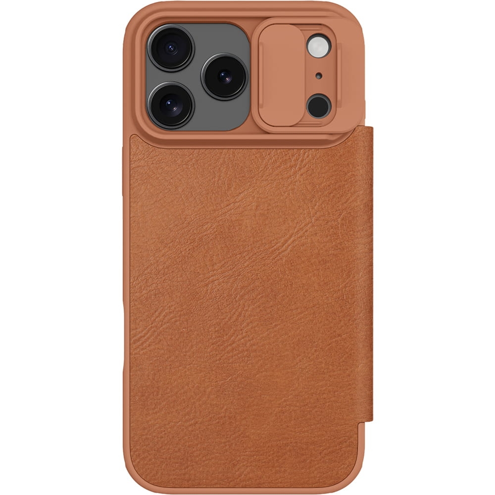 Etui z klapką i ochroną aparatu Nillkin Qin Pro do iPhone 17 Pro Max, brązowe