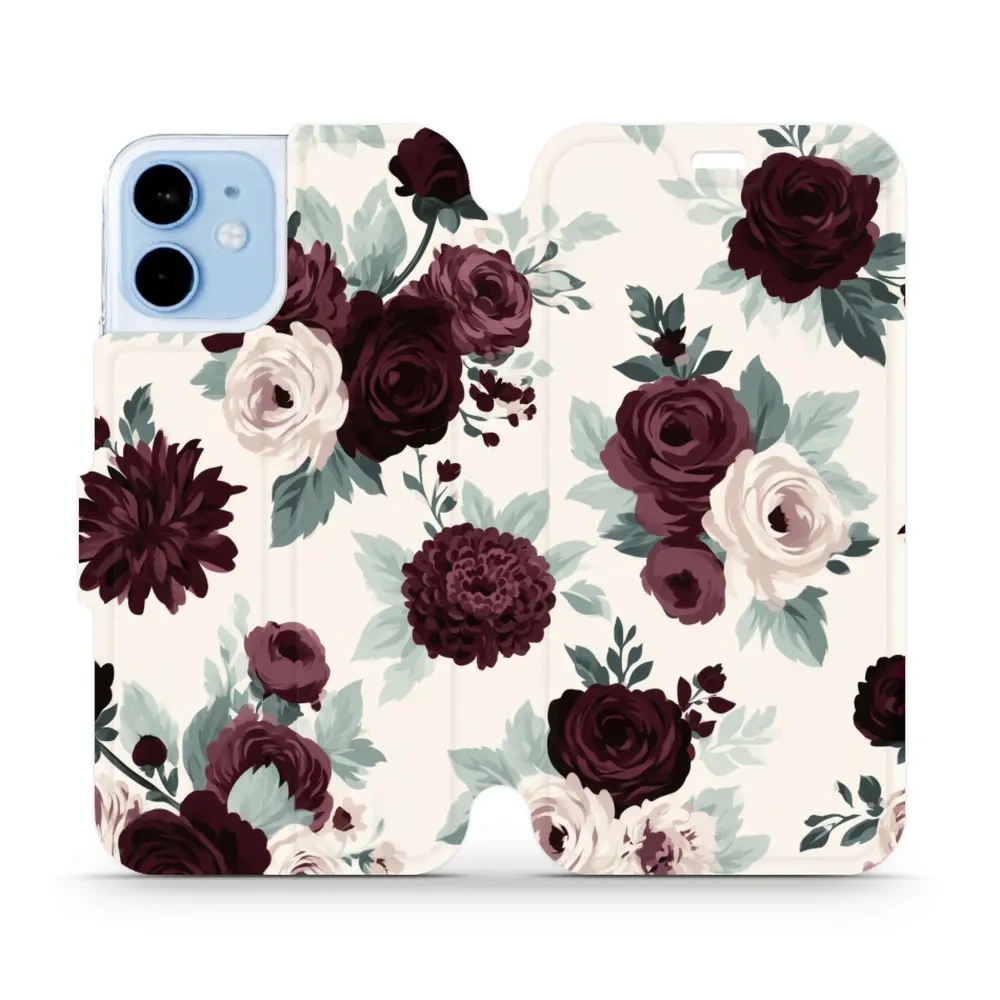 Etui z klapką do iPhone 12 mini, Mobiwear Book, róże z szałwią na kremie