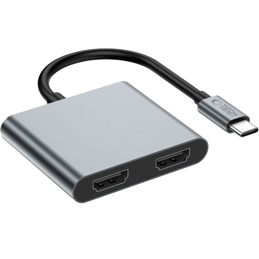 OUTLET: Hub, adapter Tech-Protect HB08 USB-C do 2x HDMI (do 4K 60Hz), USB 2.0, USB-C 100W PD, szary