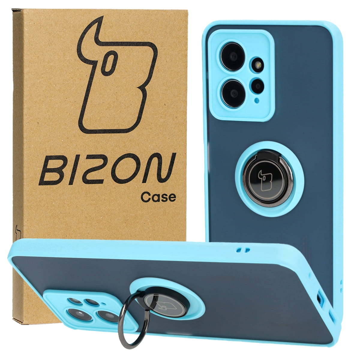 Image of Etui z uchwytem na palec Bizon Case Hybrid Ring do Xiaomi Redmi Note 12 4G, przydymione z jasnoniebieską ramką