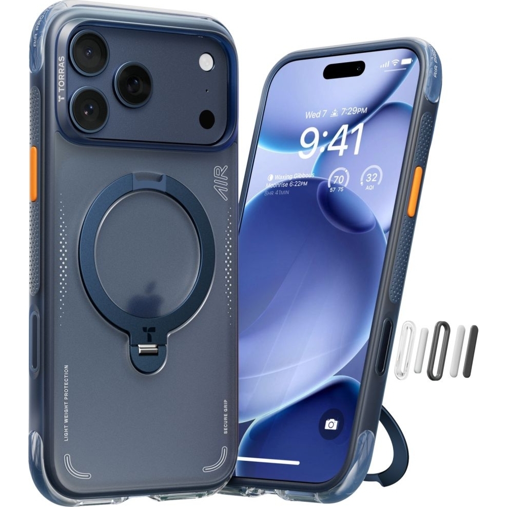 Etui z obrotową podstawką 360° Torras Ostand Q3 Air do MagSafe do iPhone 17 Pro Max, granatowe