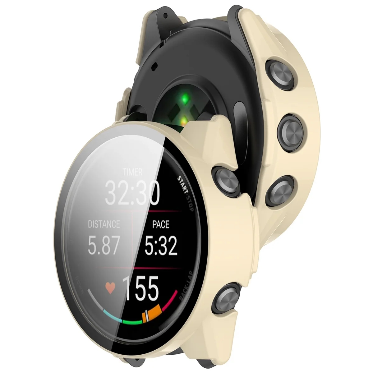 Etui ze szkłem do zegarka Bizon Case Watch Adamo do Garmin Forerunner 70 / 170 / 170 Music, beżowe
