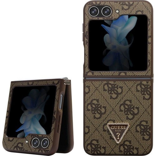 Image of Etui Guess HardCase Leather 4G Triangle Strass do Galaxy Z Flip5, brązowe