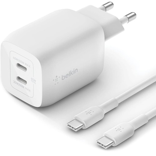 Image of Ładowarka sieciowa Belkin Boost Pro Wall Dual USB-C PD 3.0 PPS GaN 65W + kabel USB-C/USB-C 2m, biała