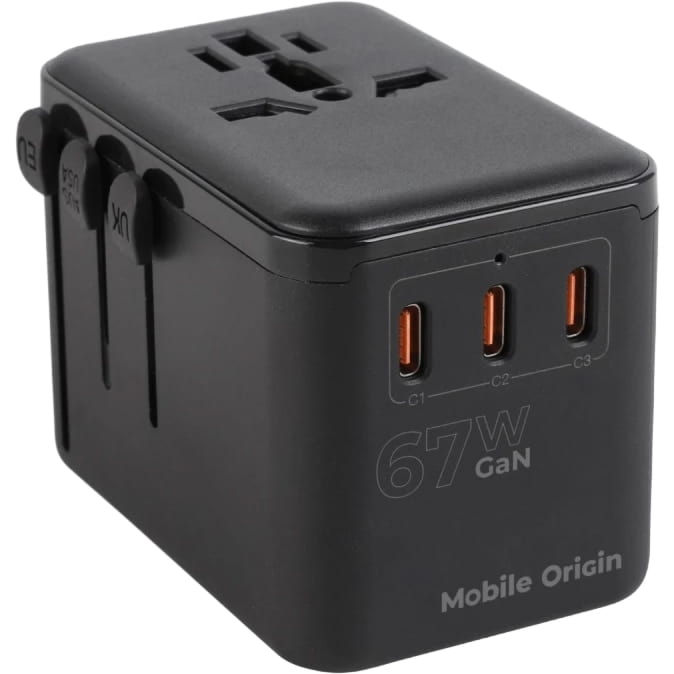 Ładowarka sieciowa, podróżna GaN 3x USB-C PD, USB-A QC, 67W, Mobile Origin Travel Adapter, adaptery UK / USA / EU / AUS, czarna