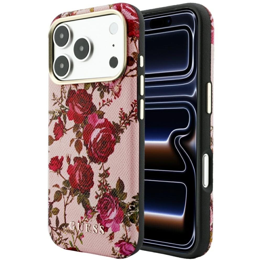 Etui Guess Blossom Roses Print MagSafe do iPhone 18 Pro / 17 Pro, różowe z motywem kwiatów