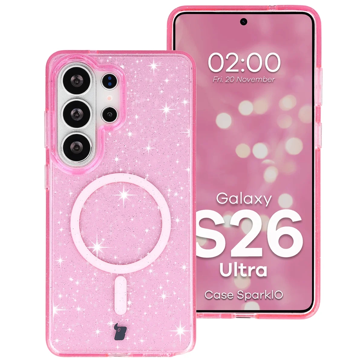 Etui brokatowe z pierścieniem magnetycznym Bizon Case SparklO do Galaxy S26 Ultra, przezroczysto-różowe z brokatem