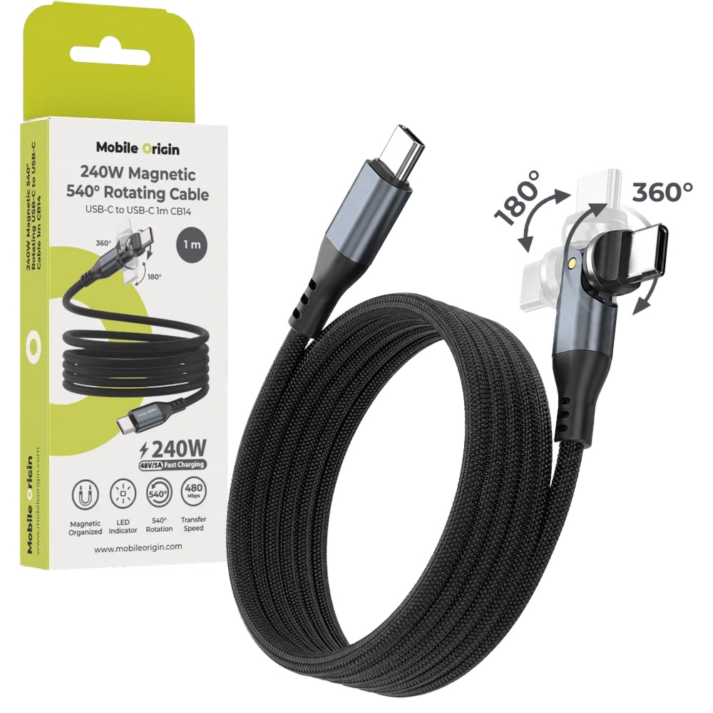 Kabel magnetycznie zwijany USB-C – USB-C 240W, Mobile Origin CB14, obrotowy 540°, Power Delivery 3.1, 1m, ciemnoszary