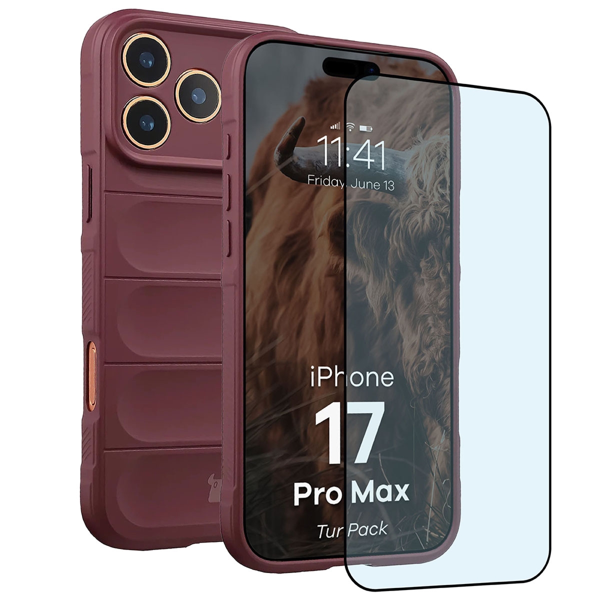 Pancerne etui + szkło hartowane Bizon Tur Pack do iPhone 17 Pro Max, burgundowe