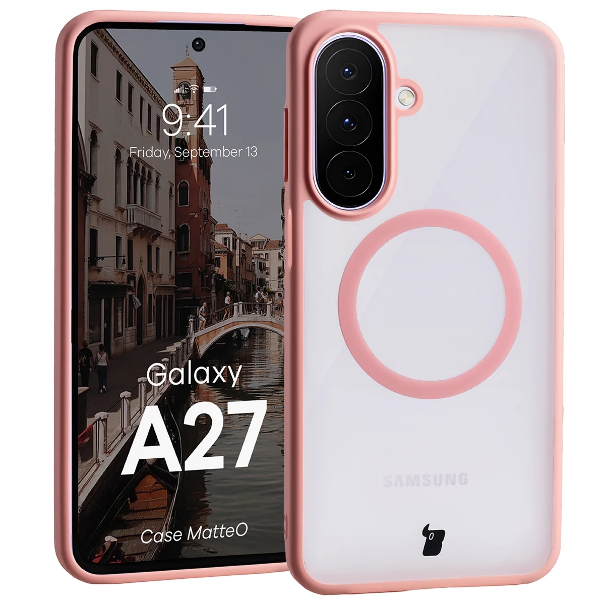 Etui z pierścieniem magnetycznym Bizon Case MatteO do Galaxy A27 5G, przydymione-jasnoróżowe