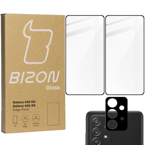 Image of Szkło hartowane Bizon Glass Edge - 2 sztuki + ochrona na obiektyw, Galaxy A52s 5G, A52 4G/5G, czarne