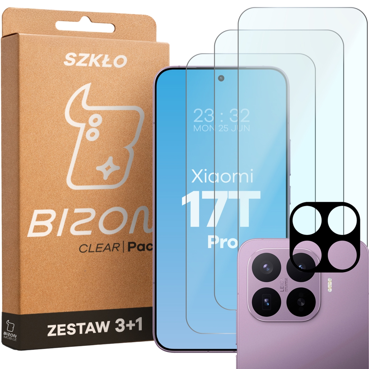 3x Szkło hartowane + szybka na aparat Bizon Glass Clear Pack do Xiaomi 17T Pro