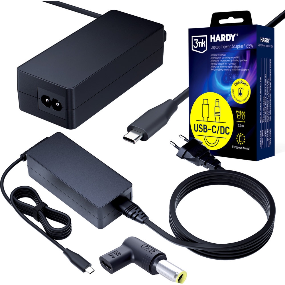 Zasilacz sieciowy 3mk do laptopa USB-C PD 65W, DC 7.9×5.5 mm do IBM, Lenovo, 3,2 m, czarny