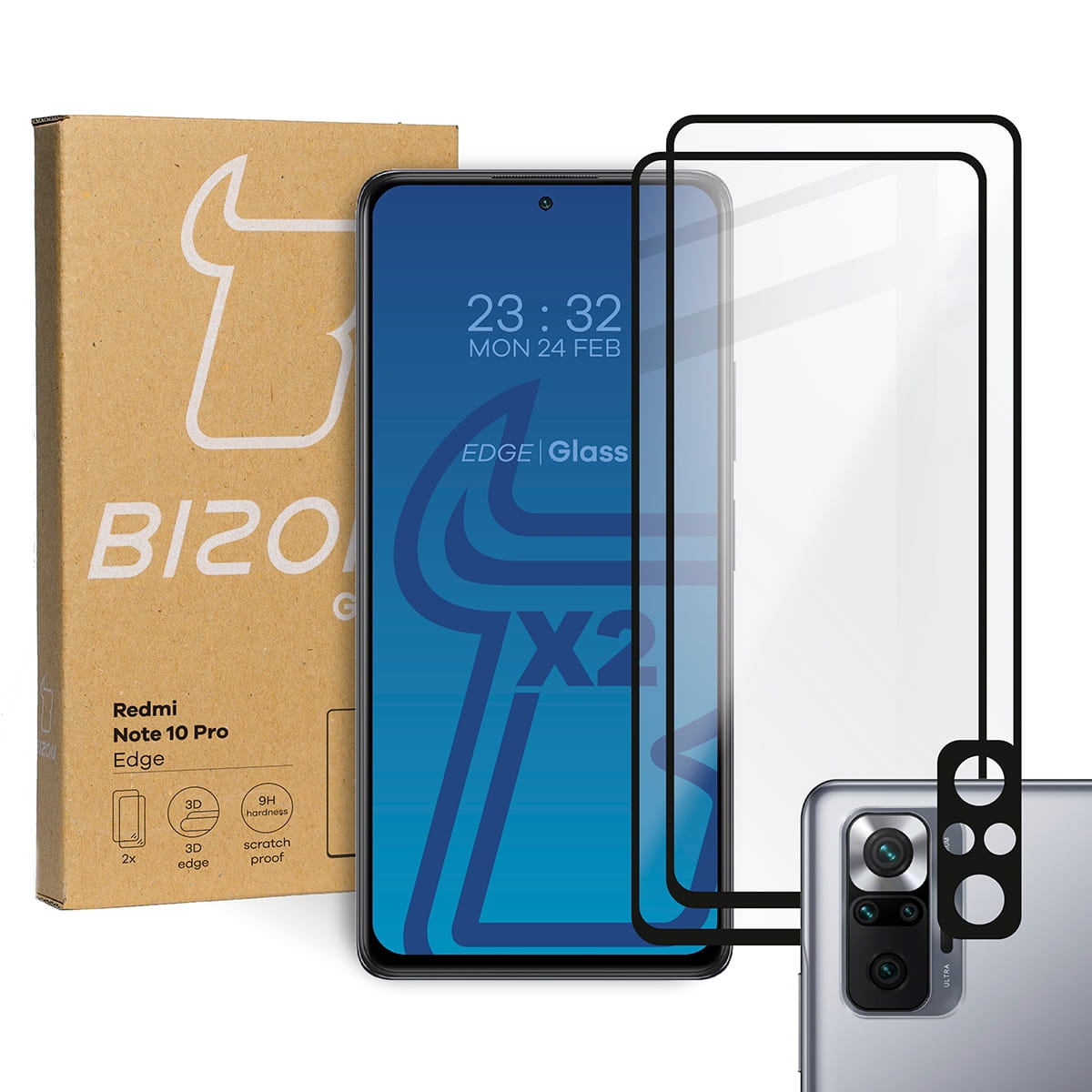 Image of 2x Szkło + szybka na aparat Bizon Edge Pack, Redmi Note 10 Pro, czarne