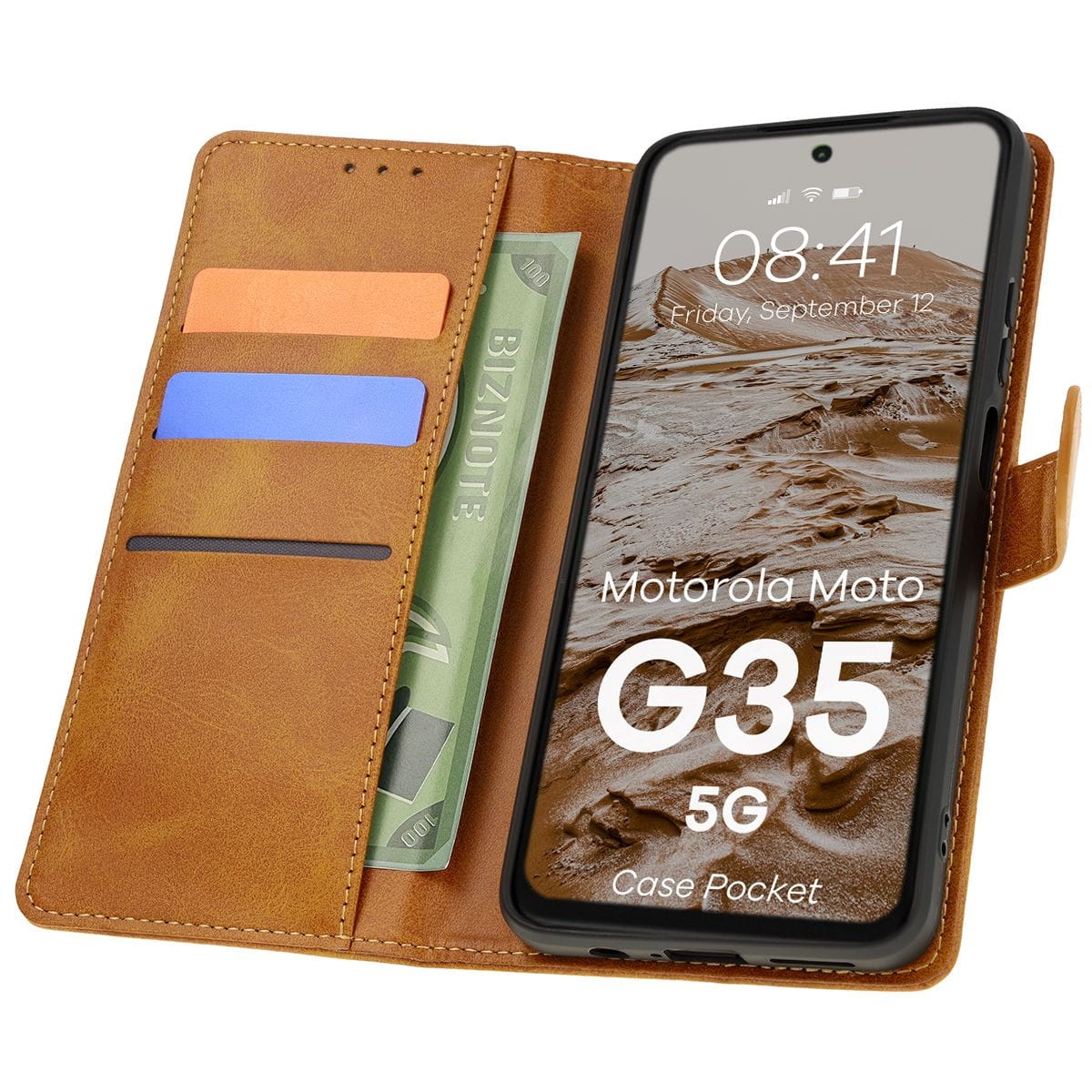 Image of Etui z klapką Bizon Case Pocket do Motorola Moto G35 5G, brązowe