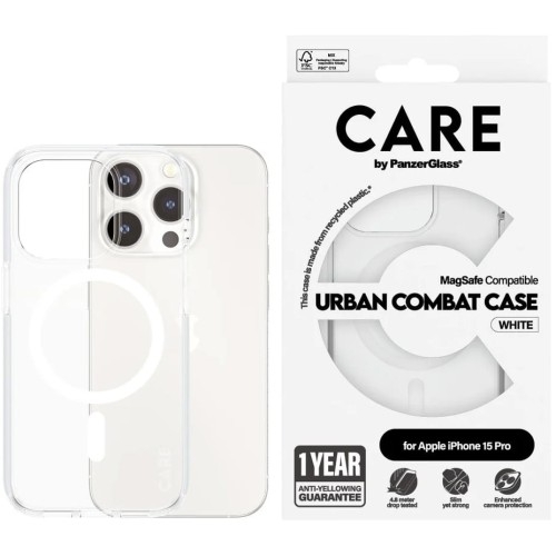 Image of Etui CARE by PanzerGlass Urban Combat Case MagSafe do iPhone 15 Pro, przezroczyste z białym