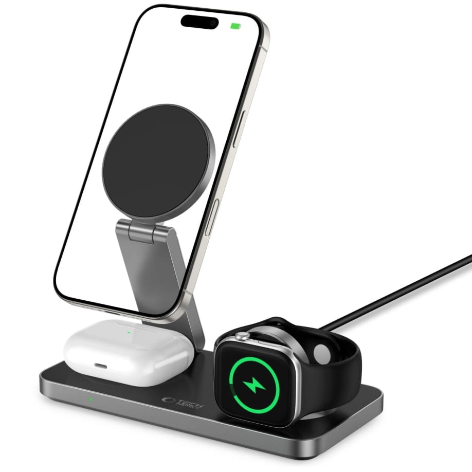 Ładowarka indukcyjna, składana Tech-Protect Qi15W A47 3w1, Qi do MagSafe, czarna