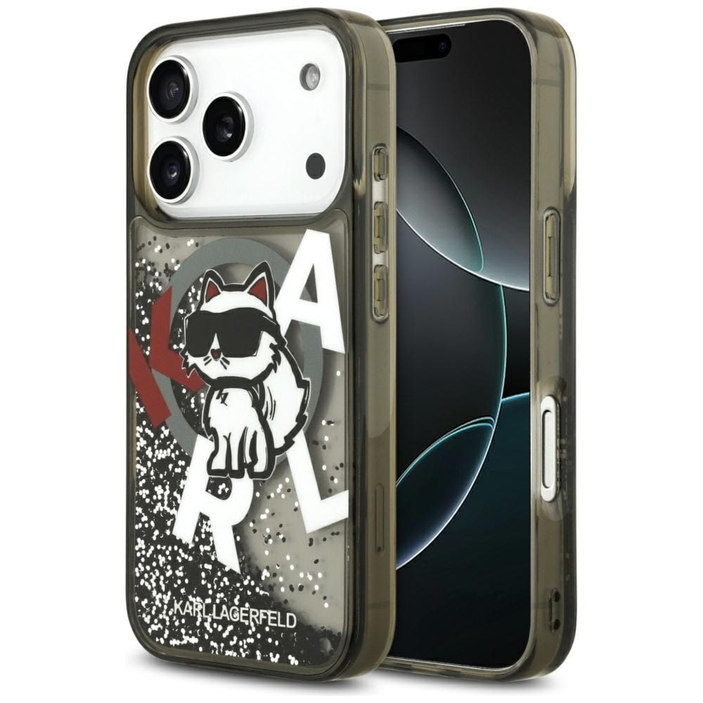 Etui Karl Lagerfeld Liquid Glitter Choupette Logo do MagSafe do iPhone 17 Pro, przydymione, wzorzyste z brokatem