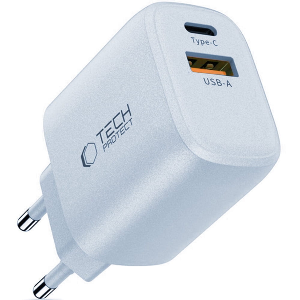 Ładowarka sieciowa USB-C PD, USB-A QC 3.0, 30W, Tech-Protect NCA30, jasnoniebieska