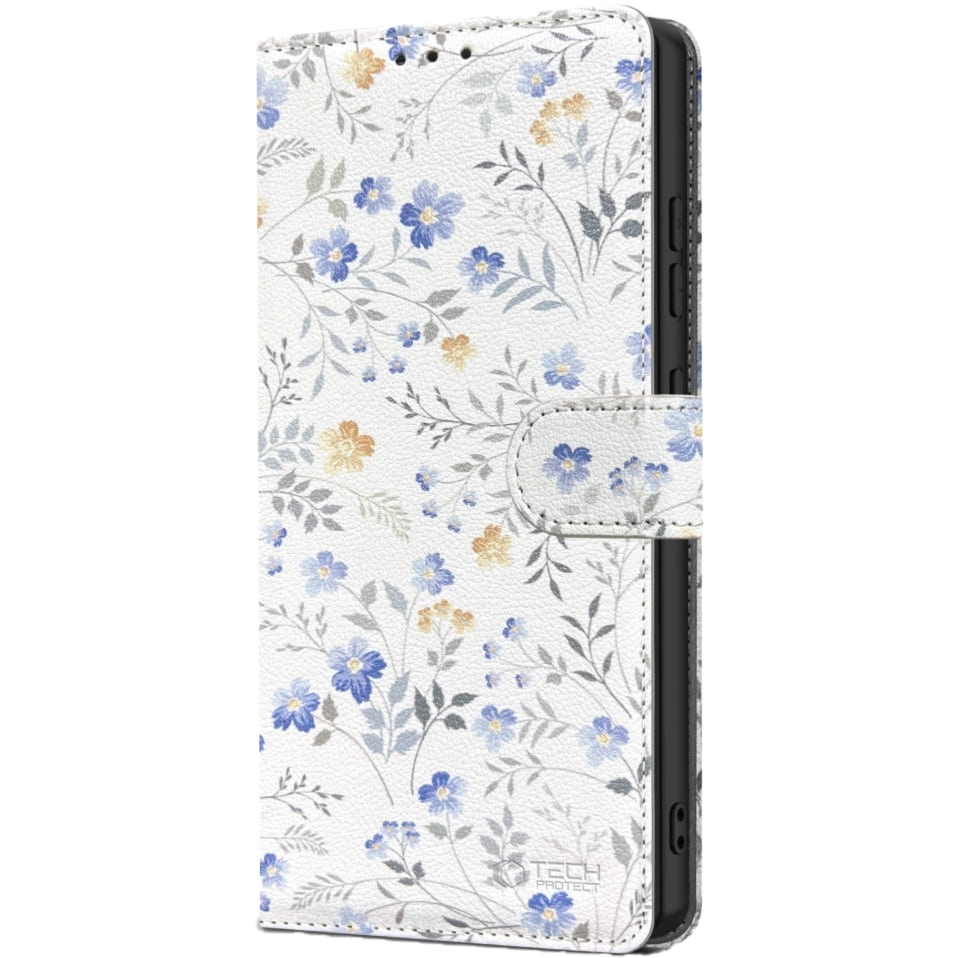 Etui Tech-Protect Wallet do Galaxy A56 5G, białe z kwiecistym wzorem