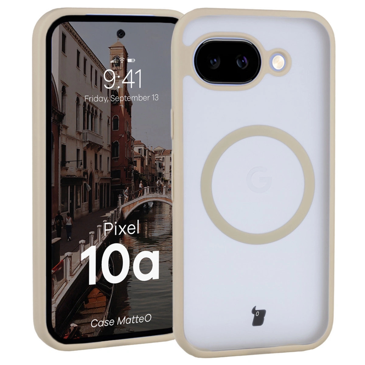 Etui z pierścieniem magnetycznym Bizon Case MatteO do Google Pixel 10a, przydymione-beżowe