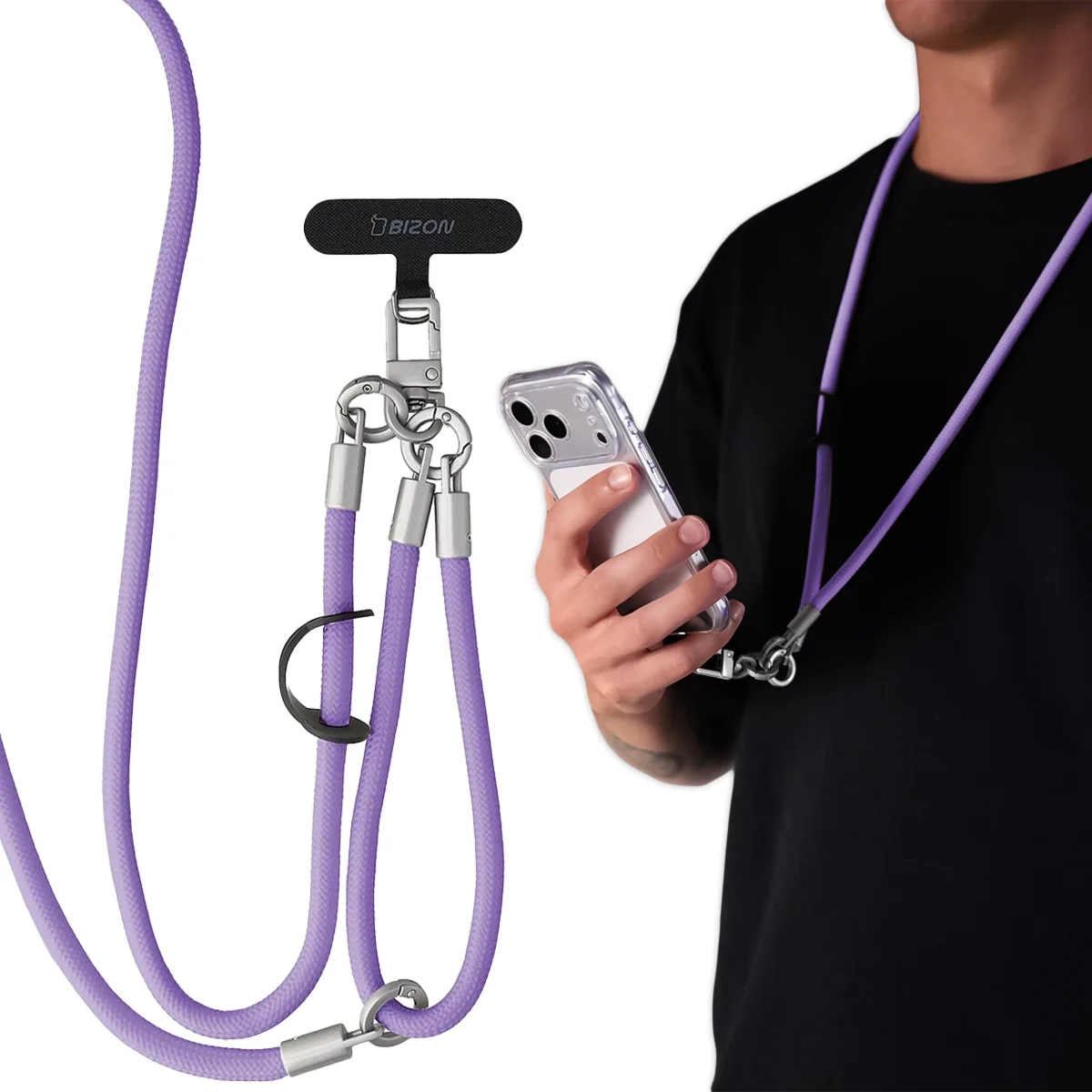 Uniwersalna smycz do telefonu na nadgarstek, szyję i ramię Bizon Accessories ReLoop, fioletowa