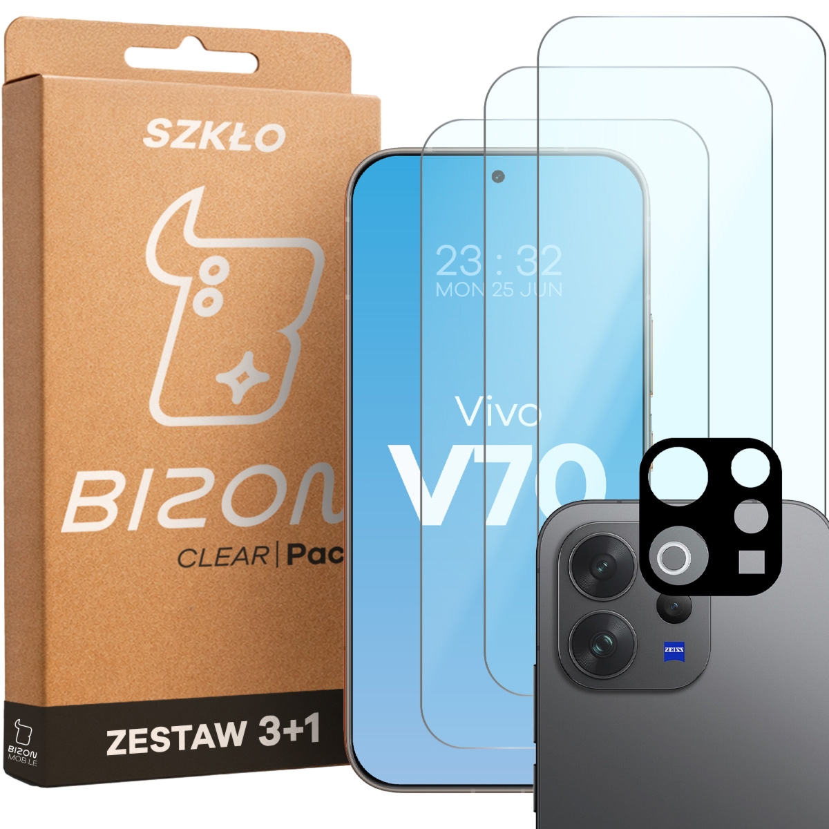3x Szkło hartowane + szybka na aparat Bizon Glass Clear Pack do Vivo V70 5G