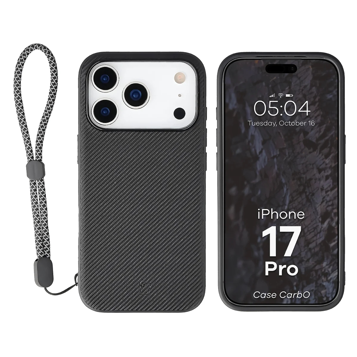 Etui ze smyczką na nadgarstek i pierścieniem magnetycznym Bizon Case CarbO do iPhone 17 Pro, czarne