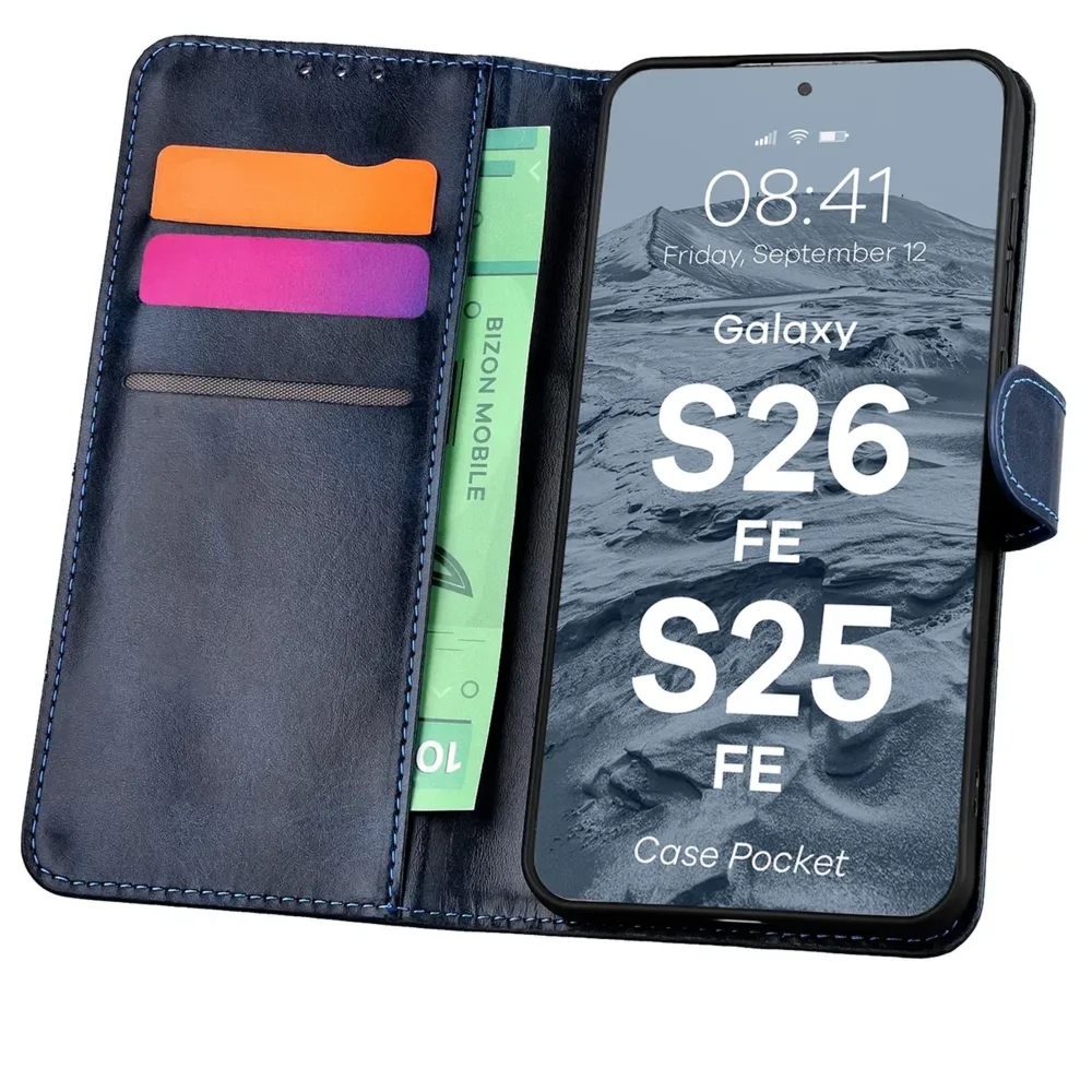 Etui z klapką Bizon Case Pocket do Galaxy S26 FE / S25 FE, granatowe