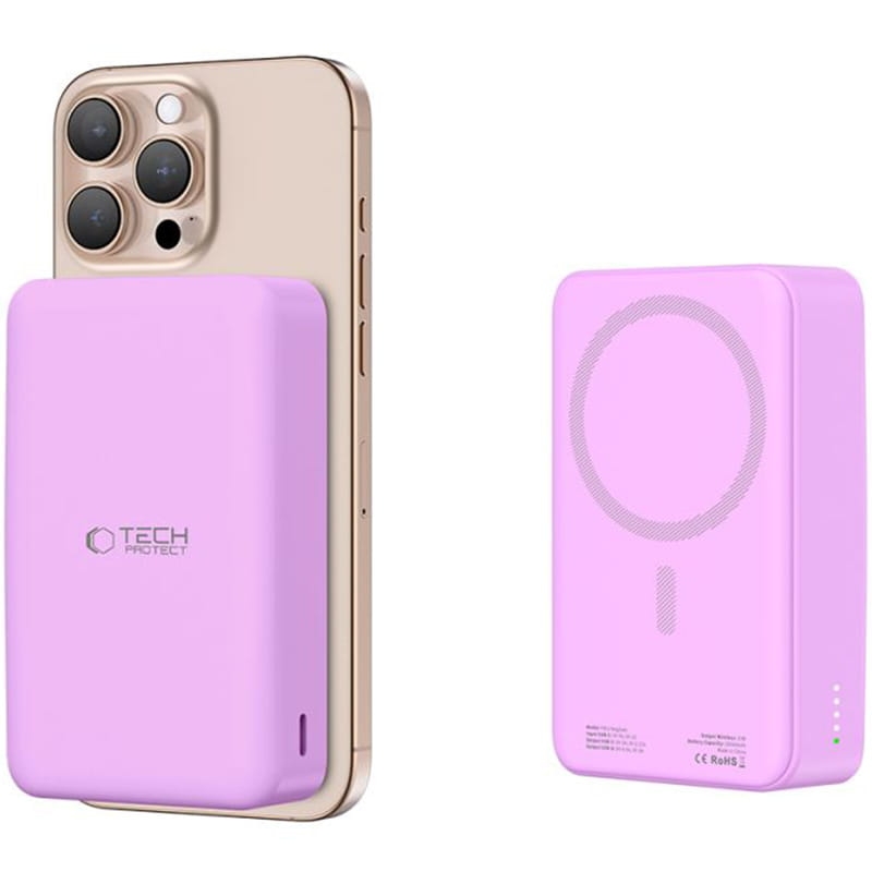 Image of Powerbank indukcyjny Tech-Protect LifeMag PB12 do MagSafe, 1x USB-A/USB-C, 15W, 20000mAh + kabel USB-C, fioletowy