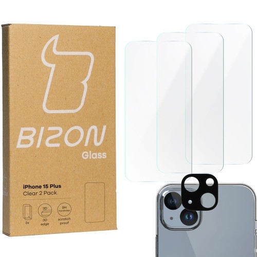 Image of 3x Szkło + szybka na aparat BIZON Clear 2 Pack do iPhone 15 Plus