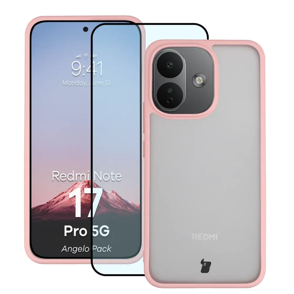 Etui + szkło hartowane Bizon Angelo Pack do Xiaomi Redmi Note 17 Pro 5G, półprzezroczyste z jasnoróżową ramką