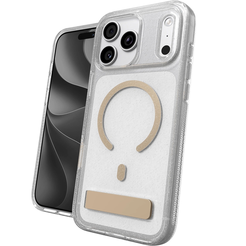 Etui ZAGG Milan Snap Kickstand do MagSafe do iPhone 18 Pro Max / 17 Pro Max, przezroczysto-złote z brokatem