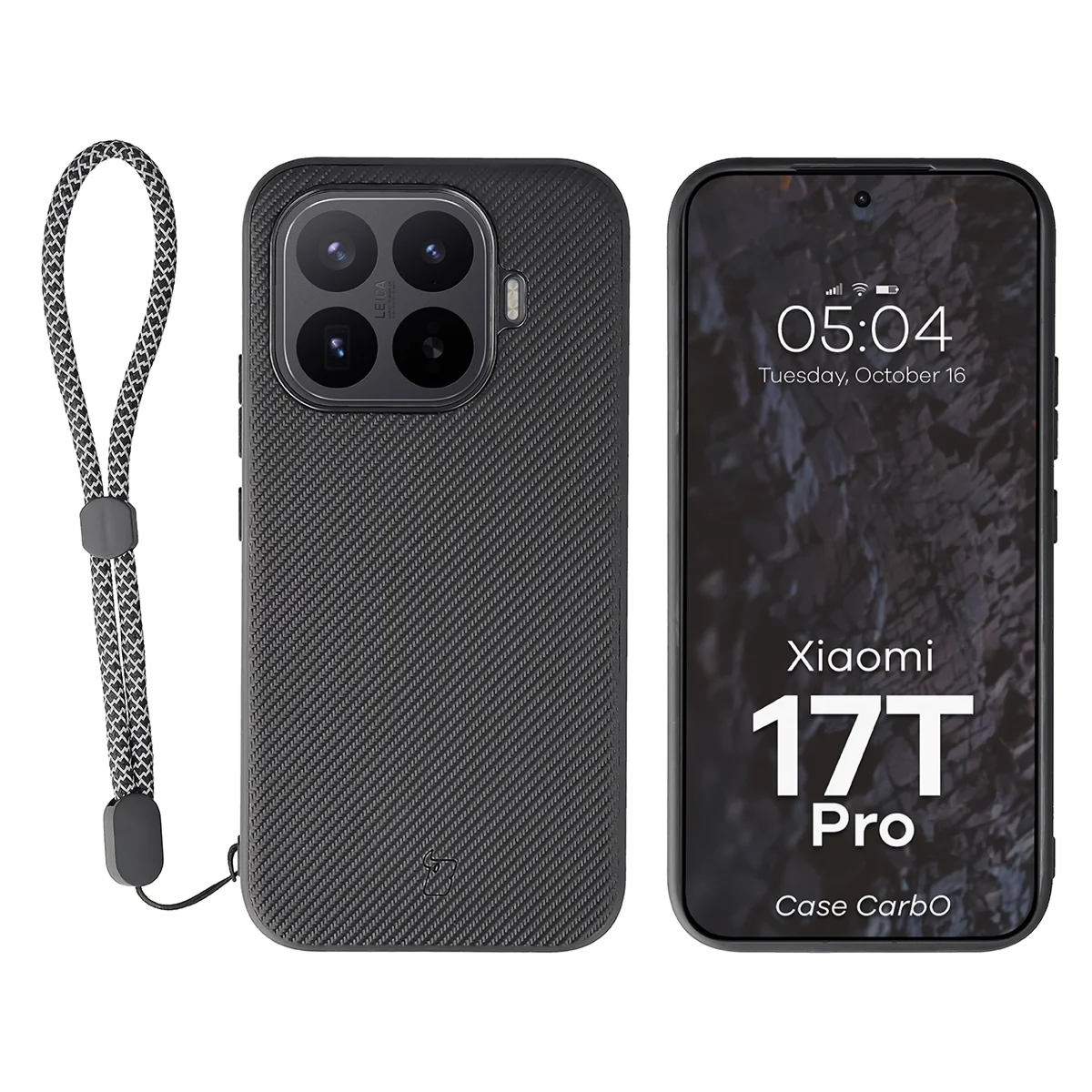 Etui ze smyczką na nadgarstek i pierścieniem magnetycznym Bizon Case CarbO do Xiaomi 17T Pro, czarne