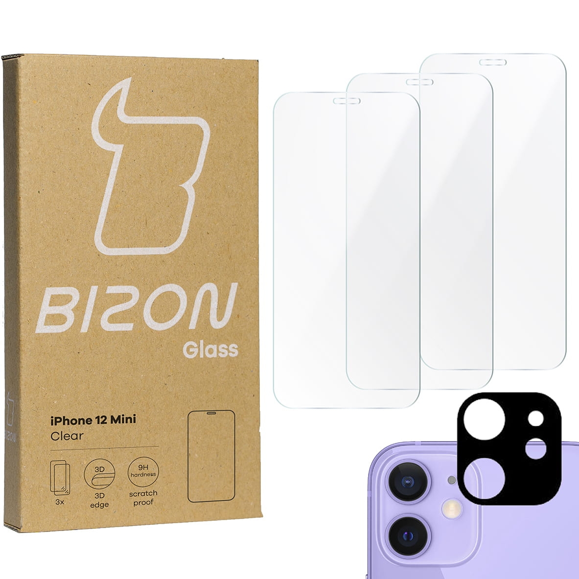 Image of 3x Szkło hartowane + szybka na aparat Bizon Glass Clear Pack, iPhone 12 Mini