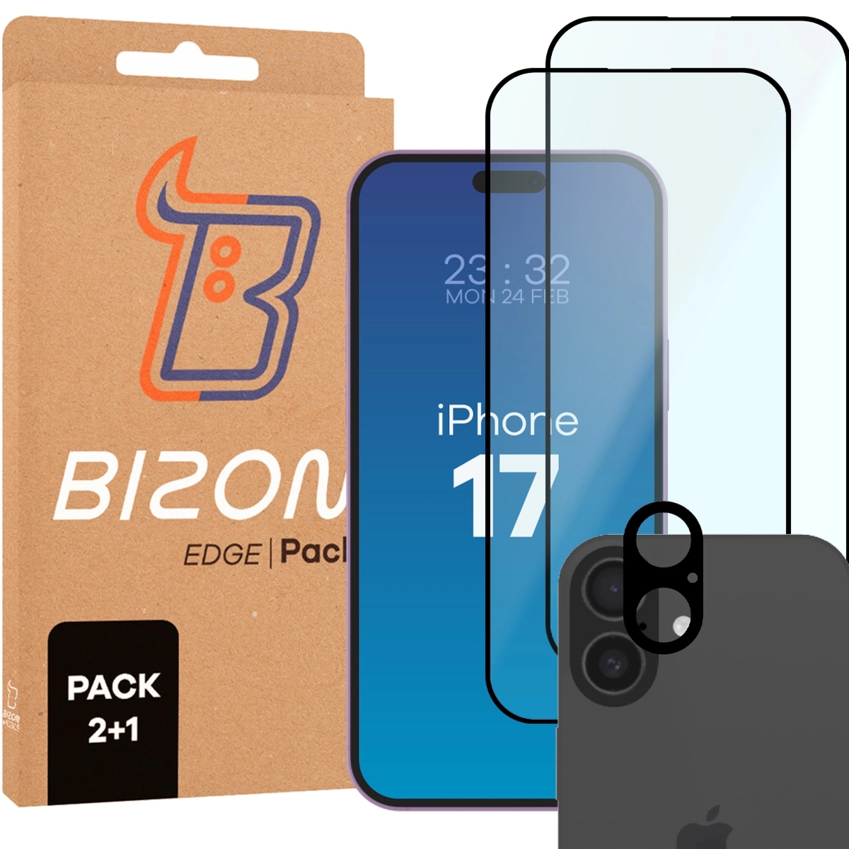 2x Szkło + szybka na aparat Bizon Glass Edge Pack do iPhone 17