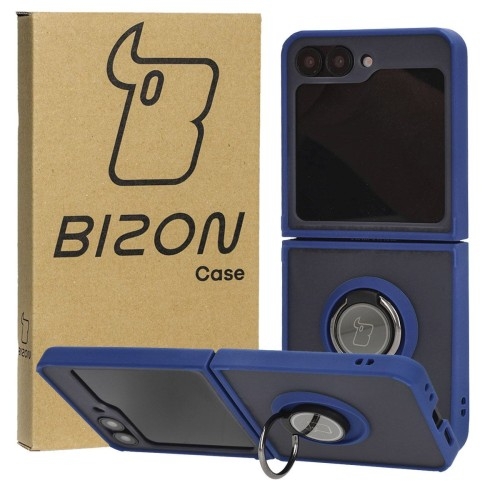 Image of Etui z uchwytem na palec Bizon Case Hybrid Ring do Galaxy Z Flip6, przydymione z granatową ramką