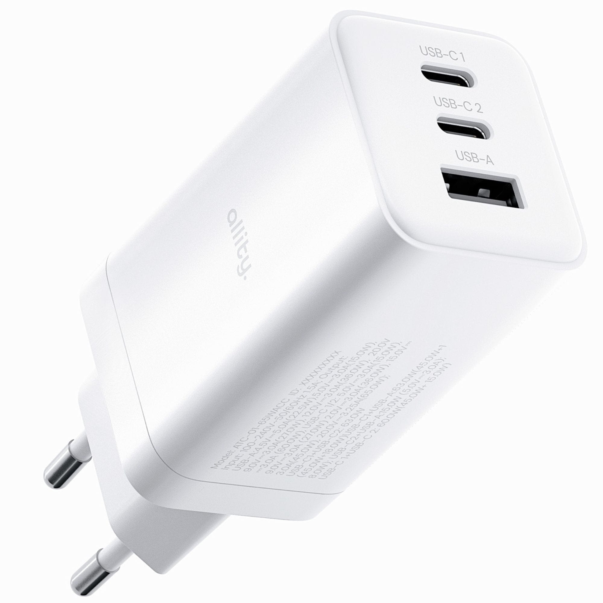 Ładowarka sieciowa GaN 2x USB-C PD, USB-A QC,  65W, Allity ATC-01-65WACC, biała
