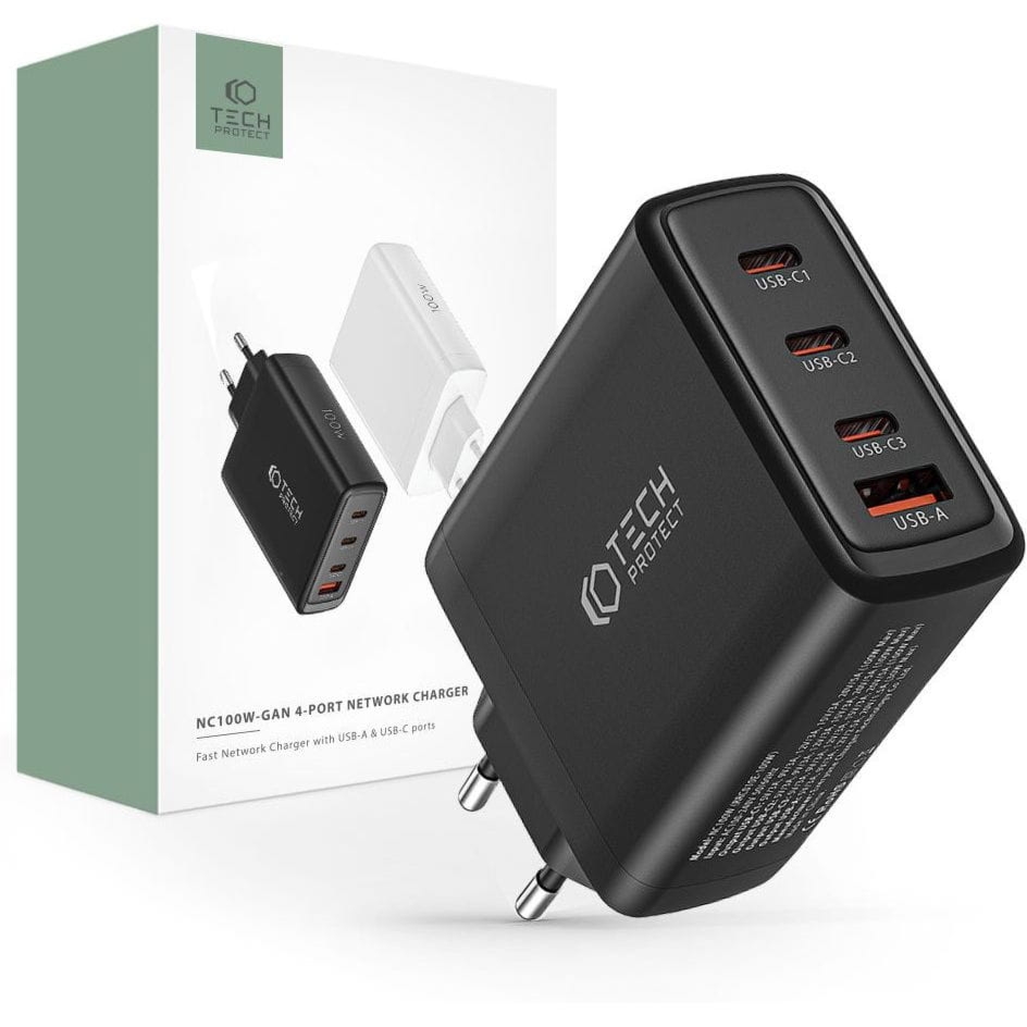 OUTLET: Ładowarka sieciowa GaN 3x USB-C PD, USB-A QC 3.0, 100W,Tech-Protect NC100W Network, czarna