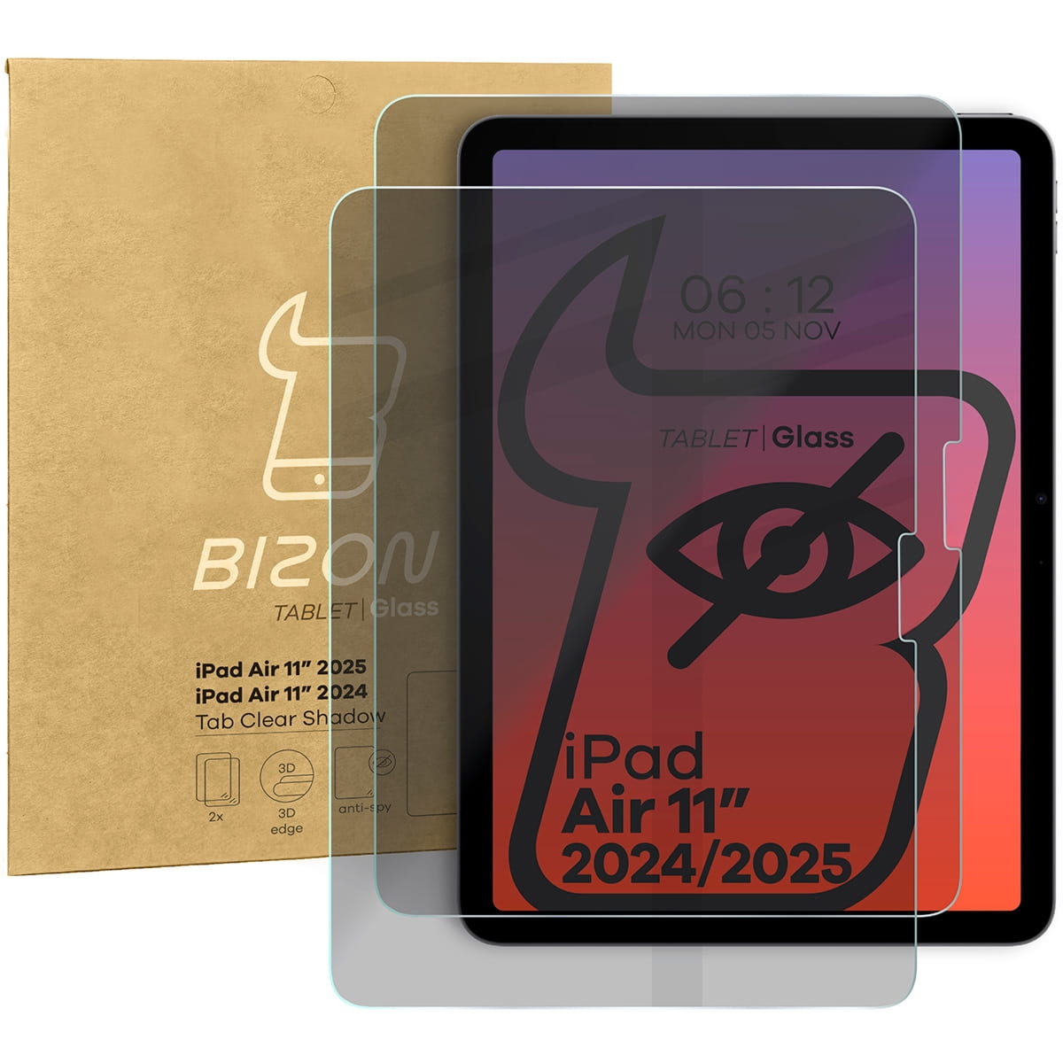 Prywatyzujące szkło hartowane Bizon Glass Tab Clear Shadow Duo do iPad Air 11″ M4/M3/M2, przyciemniane, 2 sztuki