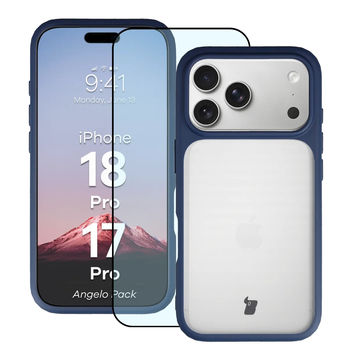 Etui + szkło hartowane Bizon Angelo Pack do iPhone 18 Pro / 17 Pro, półprzezroczyste z granatową ramką