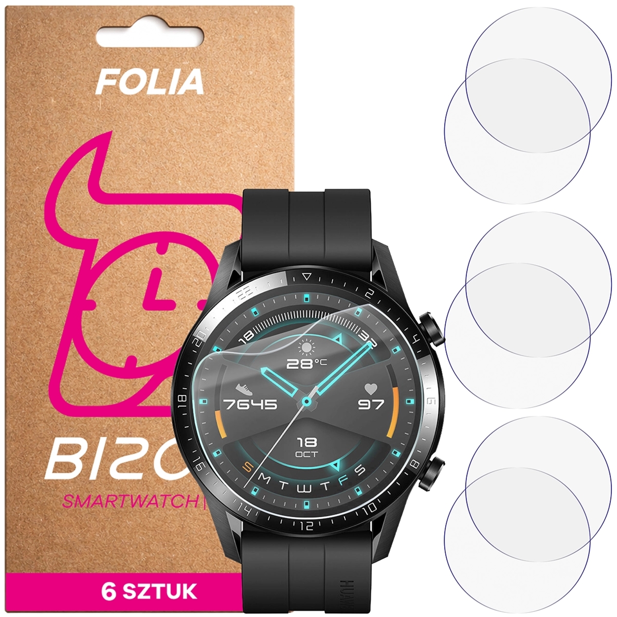 Folia ochronna na ekran zegarka Bizon Watch Film HydroFlex do Huawei Watch GT 2 46 mm, 6 sztuk