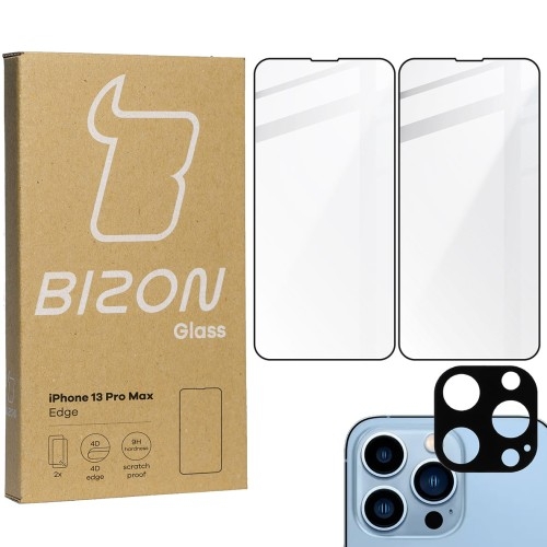 Image of Szkło hartowane Bizon Glass Edge - 2 sztuki + ochrona na obiektyw, iPhone 13 Pro Max, czarne