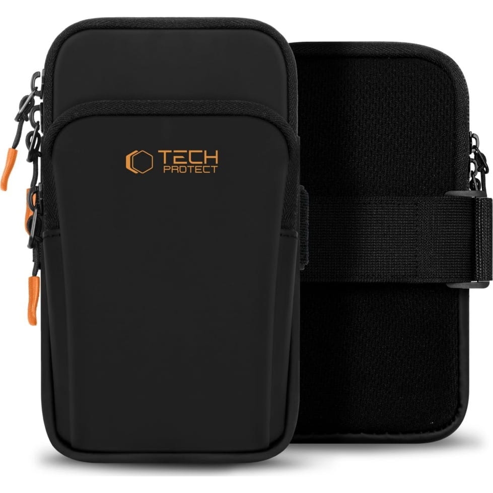 Saszetka sportowa, opaska na ramię do biegania – na telefon / słuchawki / akcesoria, Tech-Protect M7 Universal Sport Armband, czarno-pomarańczowa