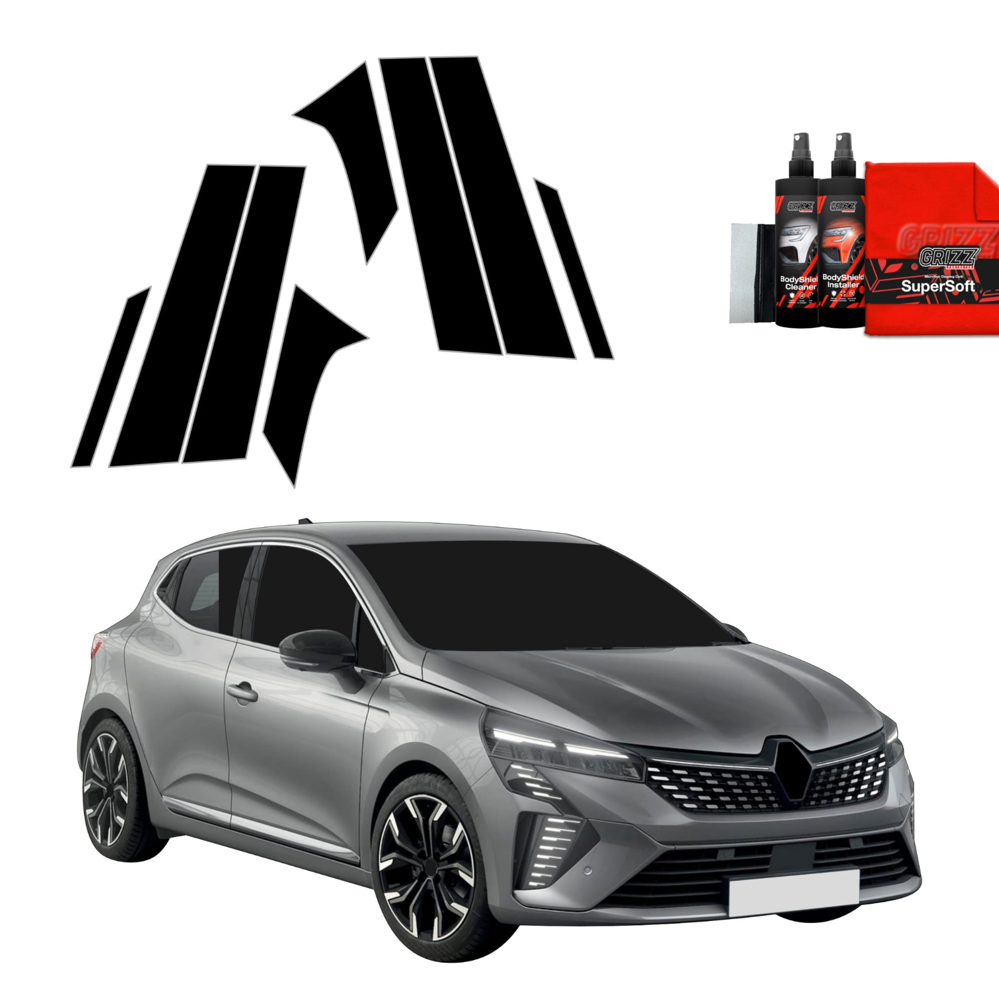 8w1 Czarna folia Grizz Protector na słupki do Renault Clio (2020-2024)
