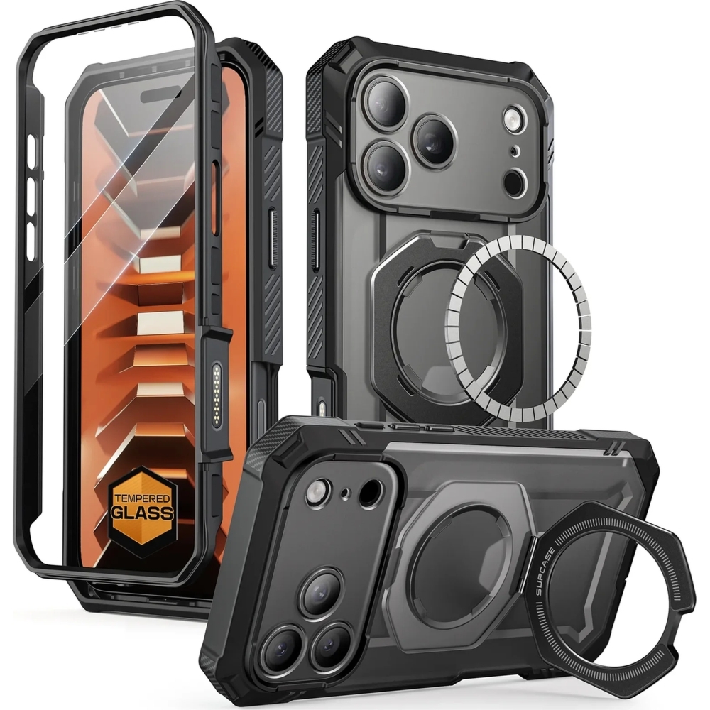 Etui pancerne + szkło 9H Supcase UB Grip Pro Mag SPG (CC) do MagSafe do iPhone 18 Pro / 17 Pro, przezroczysto-czarne