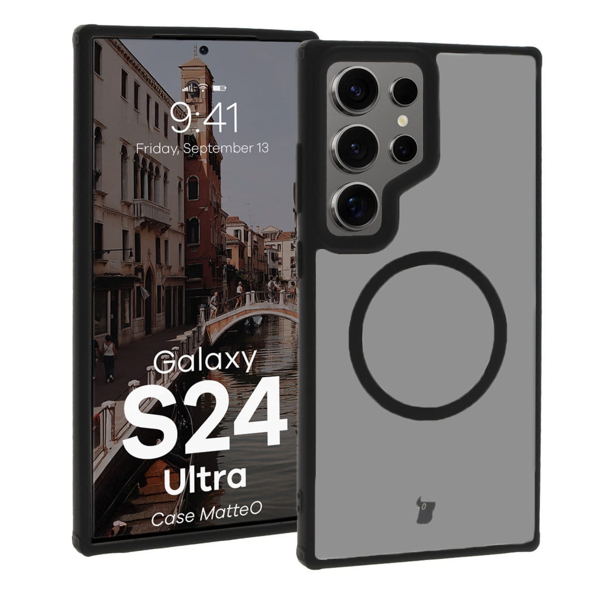 Etui z pierścieniem magnetycznym Bizon Case MatteO do Galaxy S24 Ultra, półprzezroczyste z czarną ramką