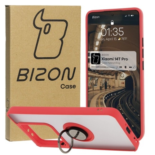 Image of Etui z uchwytem na palec Bizon Case Hybrid Ring do Xiaomi 14T Pro, przydymione z czerwoną ramką