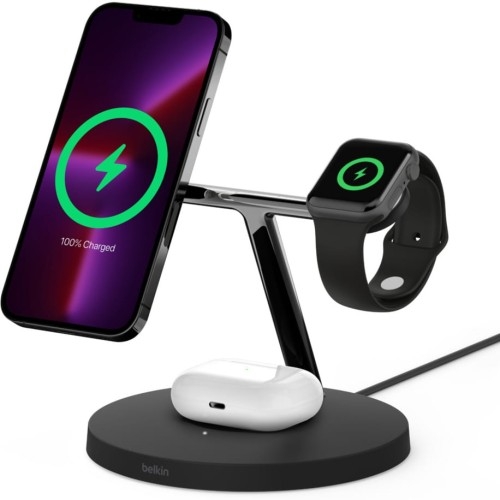 Image of Ładowarka indukcyjna Belkin Boost MFi 3-in-1 Qi 15W WIZ017 dla Apple Watch / AirPods / iPhone z MagSafe, czarna