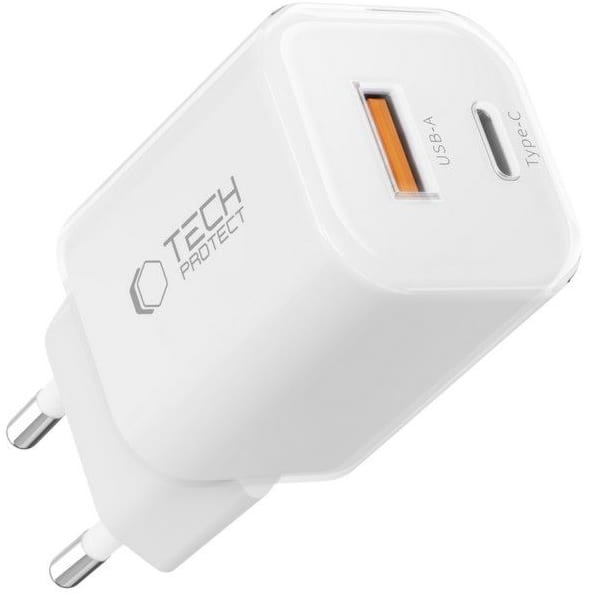 Ładowarka sieciowa USB-C PD, USB-A QC 3.0, 33W, Tech-Protect NCM33W, biała